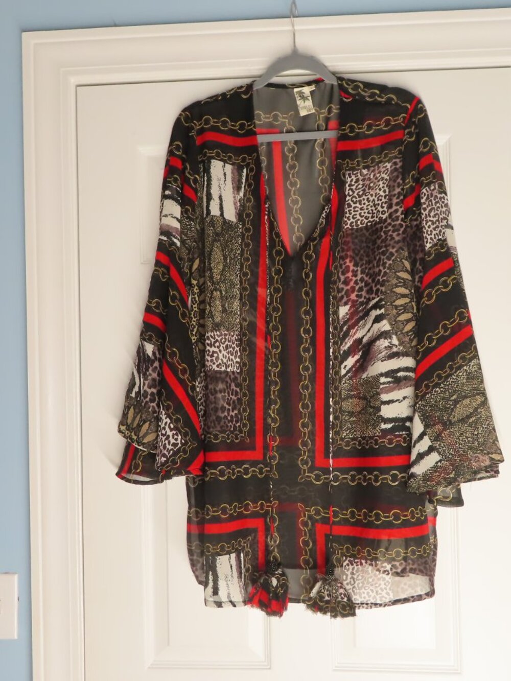 Violet Sky sheer tunic‎ top coverup large animal & chain print tassles flowy